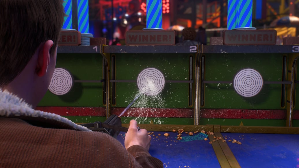 Peter Parker plays water pistol at Coney Island in Marvel Spider-Man 2.