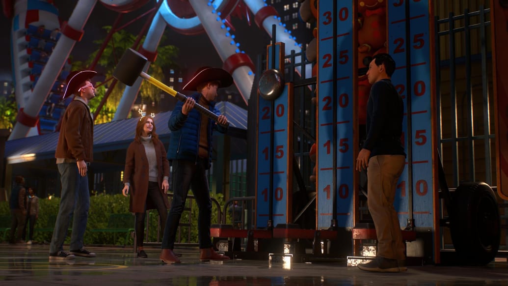 Peter Parker, Mary Jane Watson, and Harry Osborn at Coney Island in Marvel Spider-Man 2.