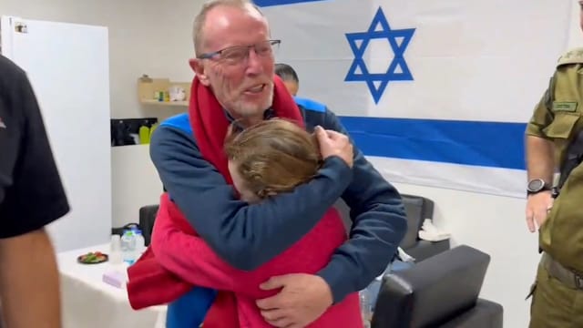 rish-Israeli girl Emily Hand, who was abducted by Hamas gunmen during the October 7 attack on Israel, meets her father Thomas Hand after being released