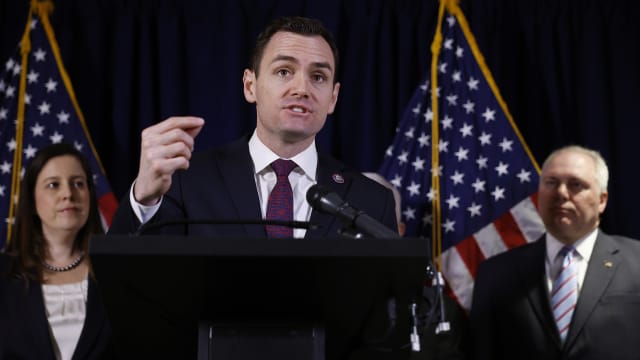Rep. Mike Gallagher (R-WI) (C), chair of the House Select Committee on the Strategic Competition Between the United States and the Chinese Communist Party