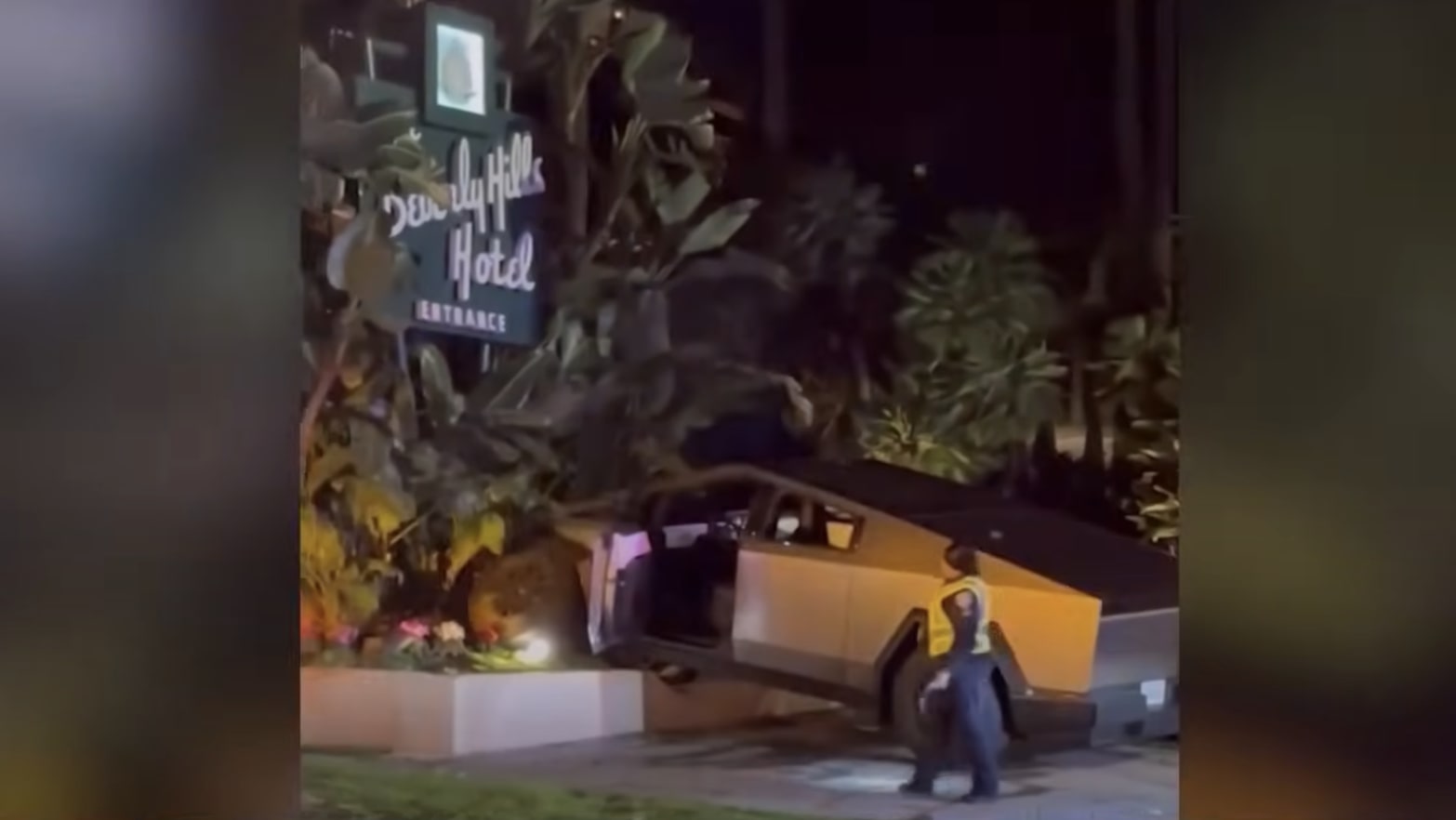A Tesla Cybertruck crashed into the sign in front of The Beverly Hills Hotel in Los Angeles, California. 
