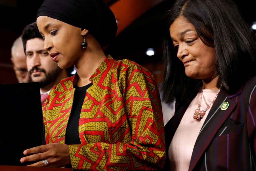 Reps. Ilhan Omar (D-MN) and Pramila Jayapal (D-WA) lead a House Progressive Caucus news conference on Capitol Hill
