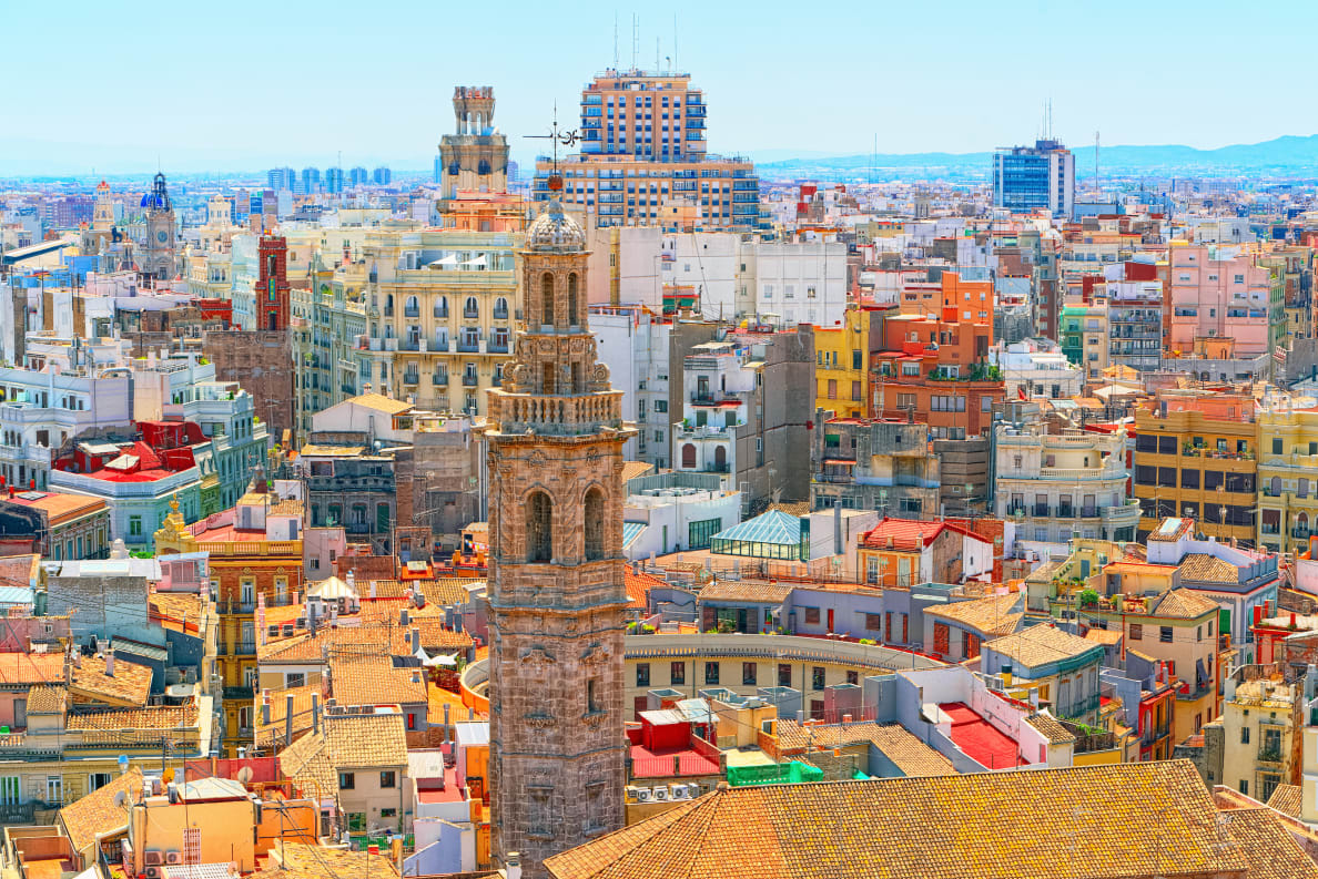 Panoramic view of squares, buildings, and streets in Valencia, Spain.