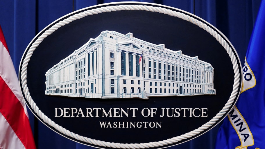 A U.S. Justice Department logo showing Justice Department headquarters in Washington, Jan. 24, 2023.