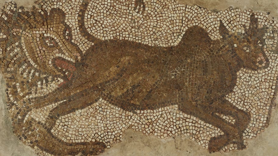 Mosaic of a Lion Chasing a Bull