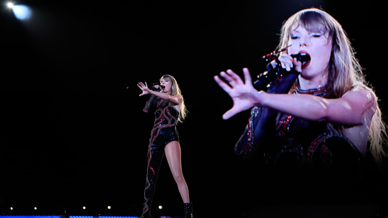 Taylor Swift performs onstage during "Taylor Swift: The Eras Tour" at Estadio Olimpico Nilton Santos in Rio de Janeiro.