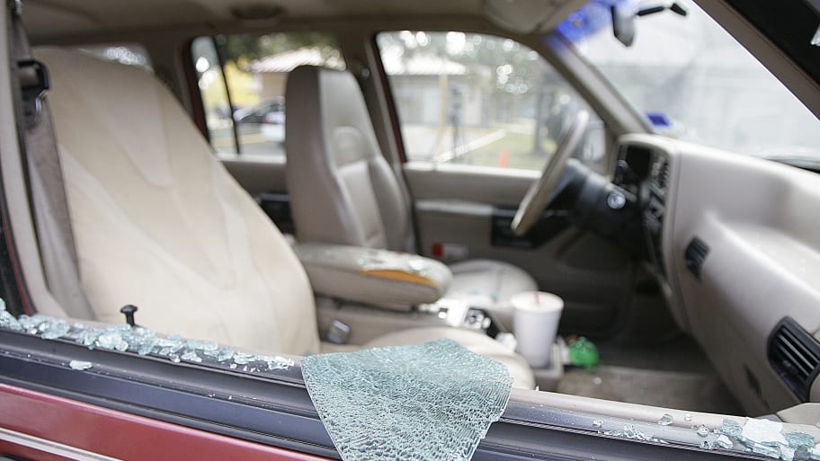 A vehicle window gets smashed from a burglary in Houston.