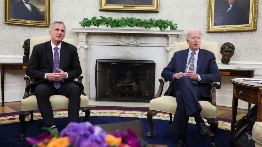 President Joe Biden hosts debt limit talks with House Speaker Kevin McCarthy in the Oval Office at the White House in Washington, D.C., May 22, 2023.