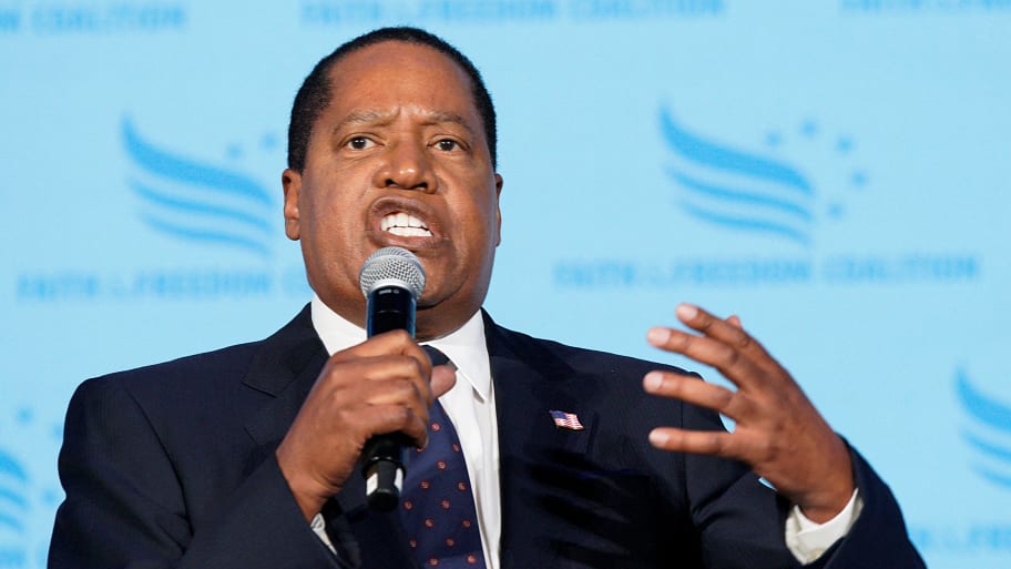 Larry Elder speaks at the Iowa Faith & Freedom Coalition Spring Kick-off in West Des Moines, Iowa, April 22, 2023.