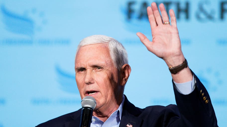 President Mike Pence speaks at the Iowa Faith & Freedom Coalition Spring Kick-off in West Des Moines, Iowa, U.S. April 22, 2023. 