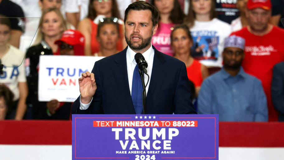 US Senator from Ohio and 2024 Republican vice presidential candidate J.D. Vance speaks during a campaign rally at Herb Brooks National Hockey Center in Saint Cloud, Minnesota, on July 27, 2024. 