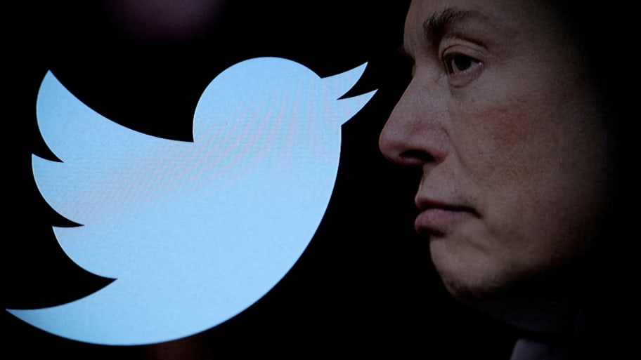The Twitter logo and a photo of Elon Musk.