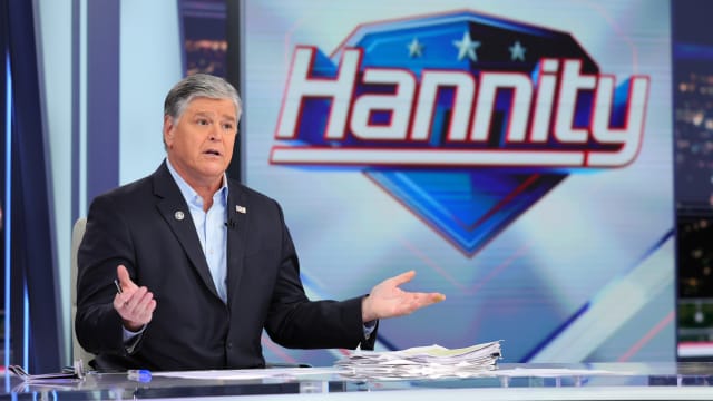 Sean Hannity speaks during a live taping of "Hannity" at FOX Studios in 2023