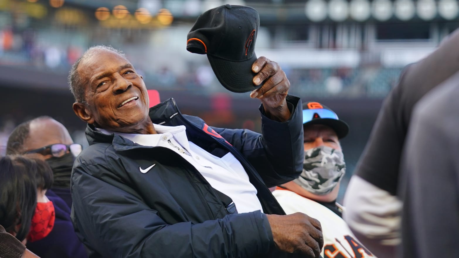 Hall of Famer Willie Mays waves to the crowd during the pre-game celebration in honor of his 90th birthday prior to the game between the San Diego Padres and the San Francisco Giants at Oracle Park on Friday, May 7, 2021 in San Francisco, California. 