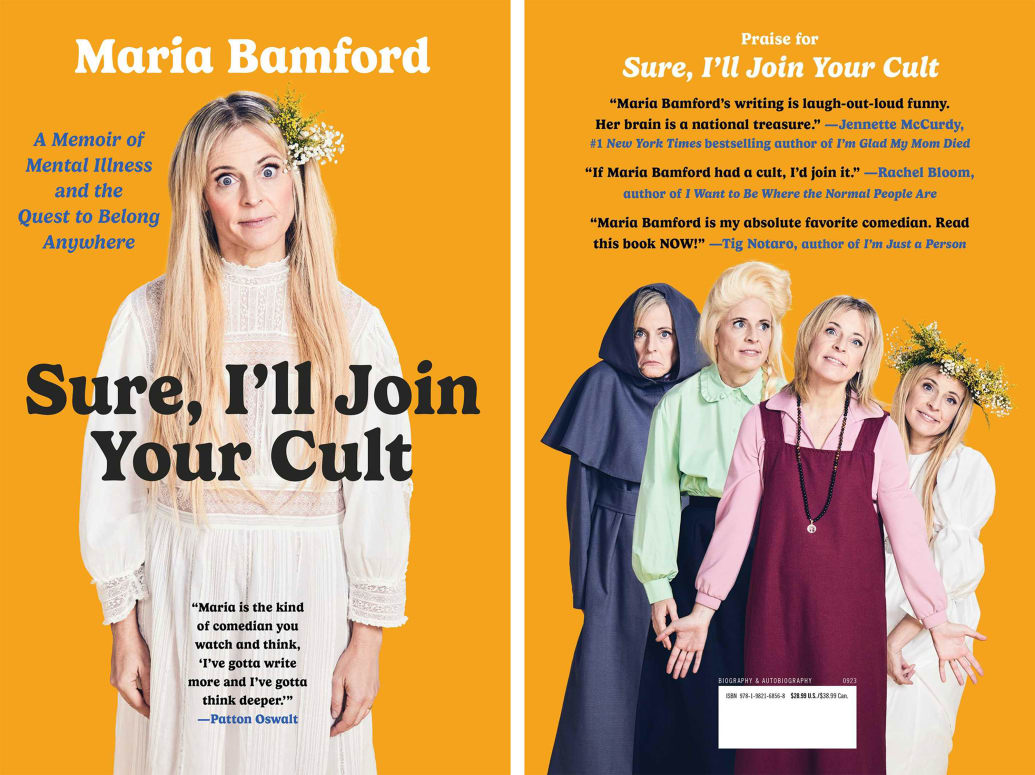 Front and back cover of Maria Bamford's book, Sure, I'll Join Your Cult