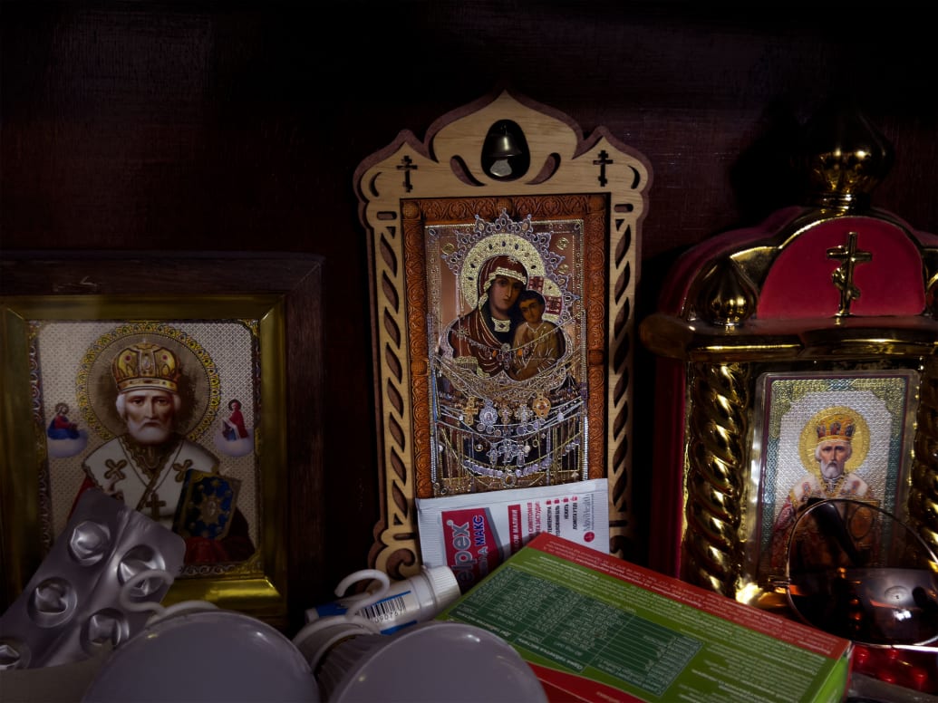 Religious paintings in Anastasia's home in eastern Ukraine.