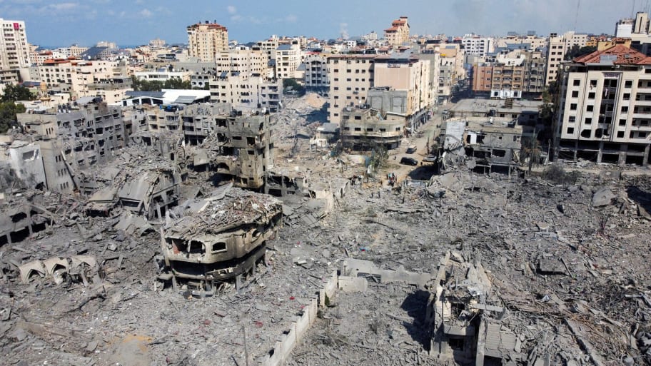 A view shows houses and buildings destroyed by Israeli strikes in Gaza City, Oct. 10, 2023. 