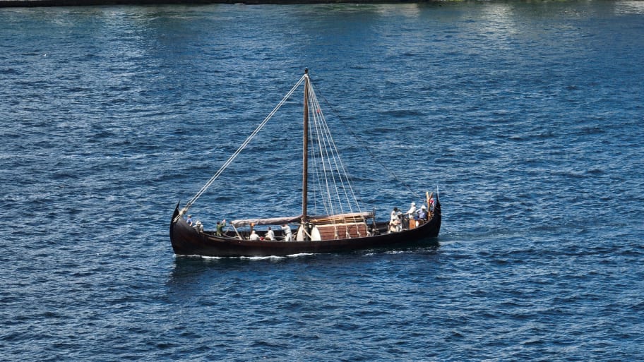 An aerial view of 'Saga Farmann' a replica of the Viking sailing ship named 'Klastadship.'