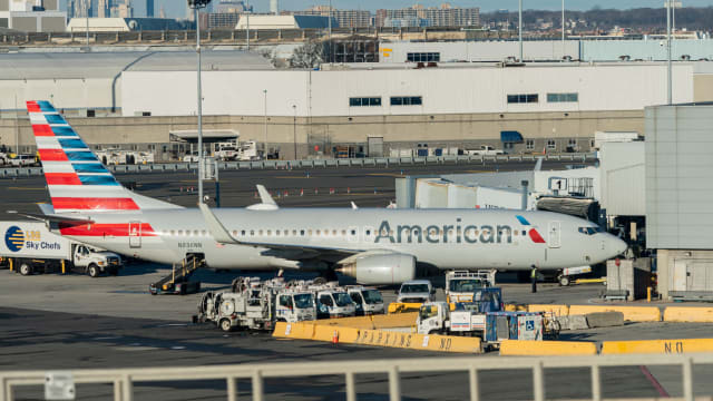 An American Airlines airplane is seen at John F. Kennedy International Airport