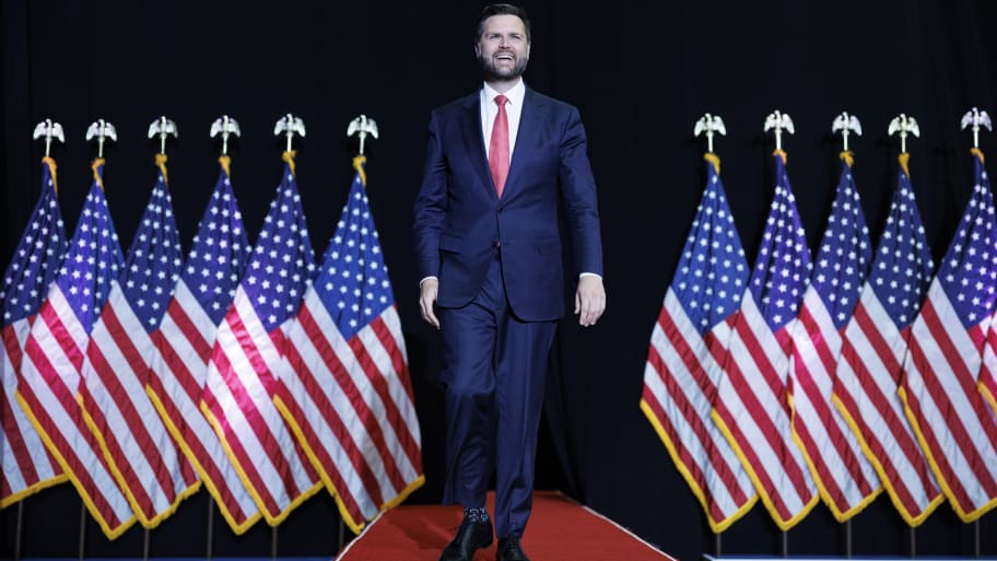 Republican vice-presidential nominee J.D. Vance walks on stage during a campaign event at Radford University in Radford, Virginia, on Monday, July 22, 2024.