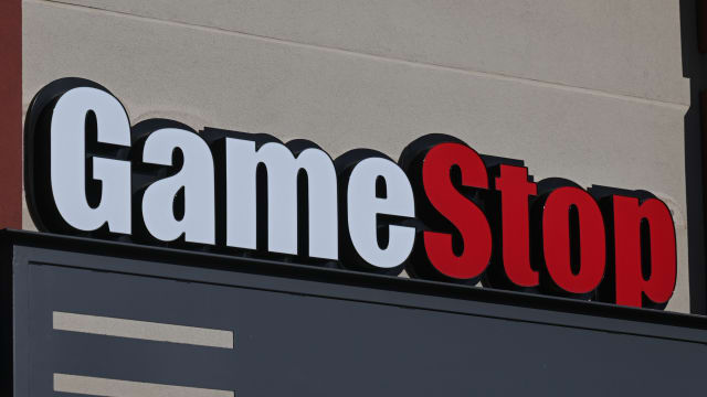 Logo of GameStop, on April 3, 2024, in Sherwood Park, Strathcona County, Alberta, Canada.