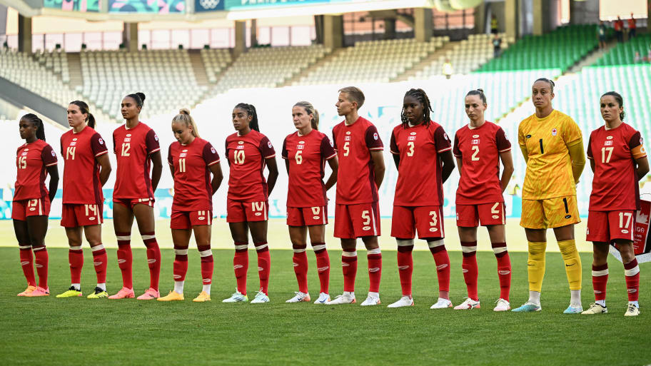 Players of Canada line up before the start of the women's group A soccer match between Canada and New Zealand during the Paris 2024 Olympic Games on July 25, 2024. 