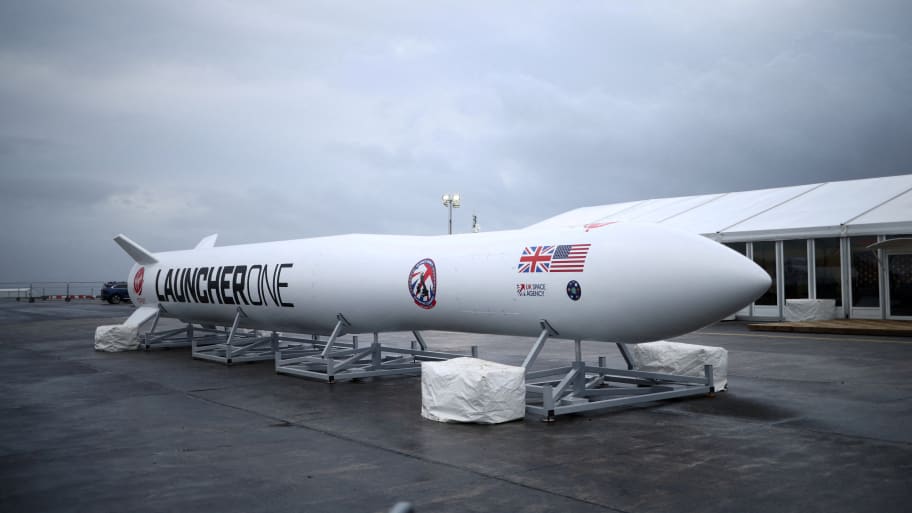 A replica model of Virgin Orbit's LauncherOne rocket sits in a media area at Newquay Airport in Newquay, Britain, Jan. 8, 2023.