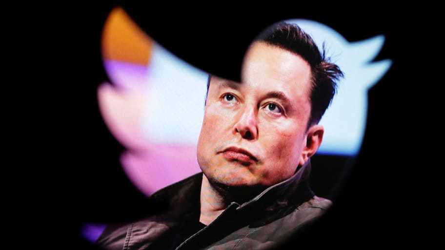 Elon Musk is seen in a Twitter logo 