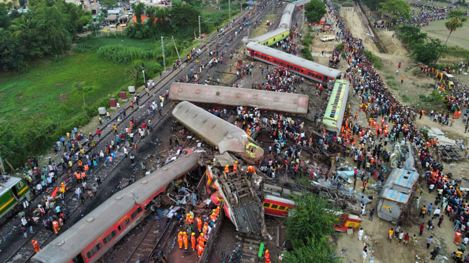 A drone view shows derailed coaches after trains collided in Balasore district in the eastern state of Odisha, India, June 3, 2023.