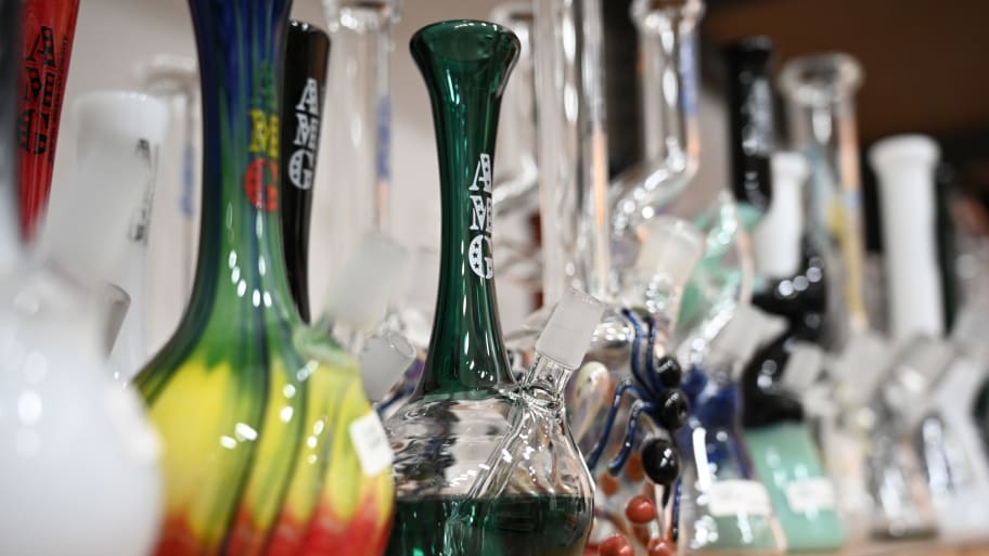 Bongs and other marijuana paraphernalia is displayed for sale at a factory outlet on the last stop of a cannabis tour organized by L.A.-based Green Tours.