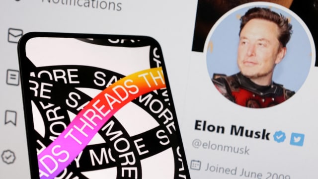 An illustration showing the Threads app logo and Elon Musk’s Twitter account.