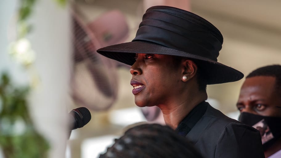 Martine Moïse speaks during the funeral for her husband, slain Haitian President Jovenel Moïse, on July 23, 2021.