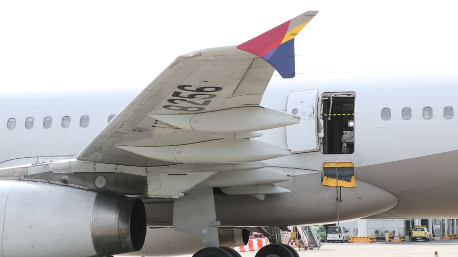 Asiana Airlines’ Airbus A321 plane, of which a passenger opened a door on a flight shortly before the aircraft landed, is pictured at an airport in Daegu, South Korea, May 26, 2023.