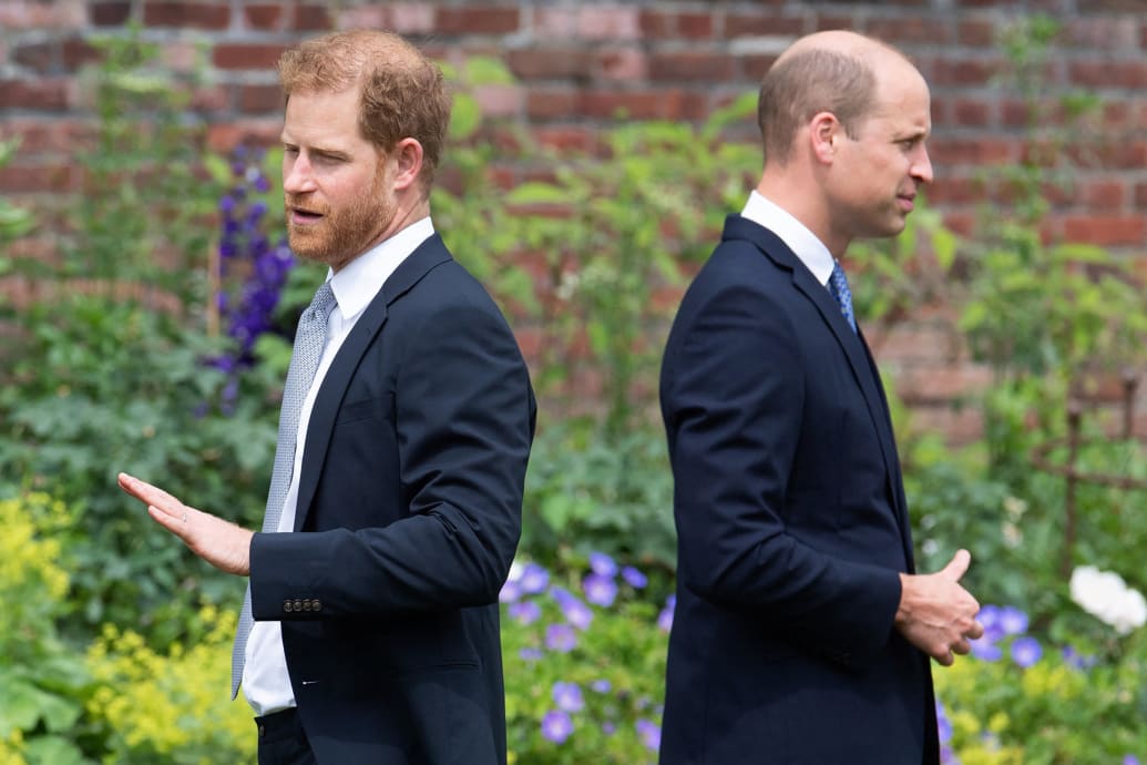 Britain's Prince Harry, Duke of Sussex (L) and Britain's Prince William, Duke of Cambridge attend the unveiling of a statue of Princess Diana at The Sunken Garden in Kensington Palace, on July 1, 2021, which would have been her 60th birthday.