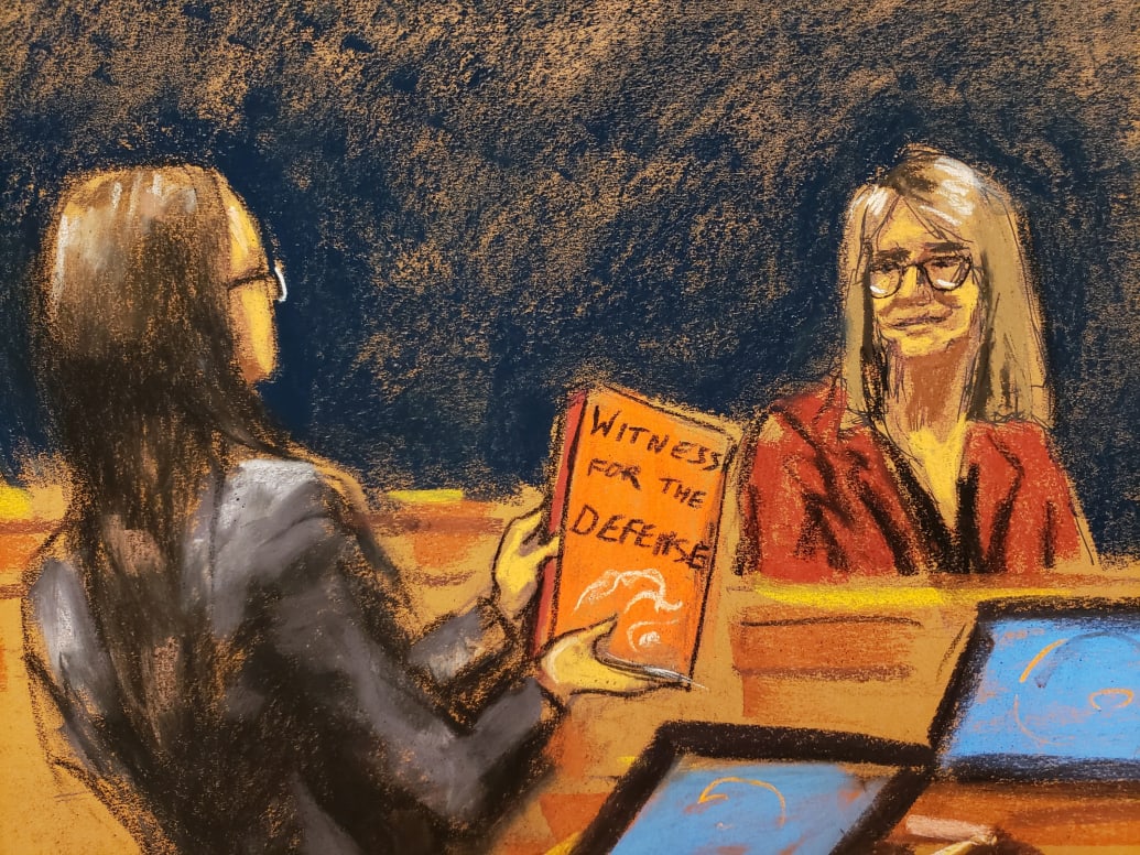 A courtroom sketch of prosecutor Lara Pomerantz questioning Elizabeth Loftus during the sex trafficking trial of Ghislaine Maxwell in New York City.