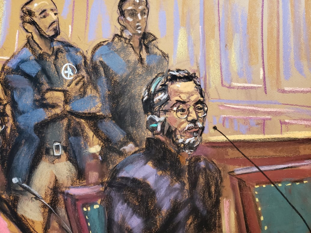 A courtroom sketch of Guo Wengui appearing before a judge after his arrest in March 2023.