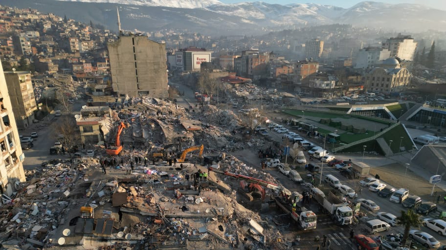 An aerial view shows collapsed buildings, in the aftermath of the deadly earthquake, in Kahramanmaras, Turkey, February 9, 2023.