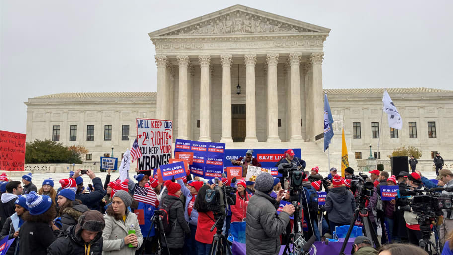 A group among hundreds of supporters of gun control laws rally in front of the US Supreme Court as the justices hear the first major gun rights case since 2010, in Washington, D.C. Dec. 2, 2019.