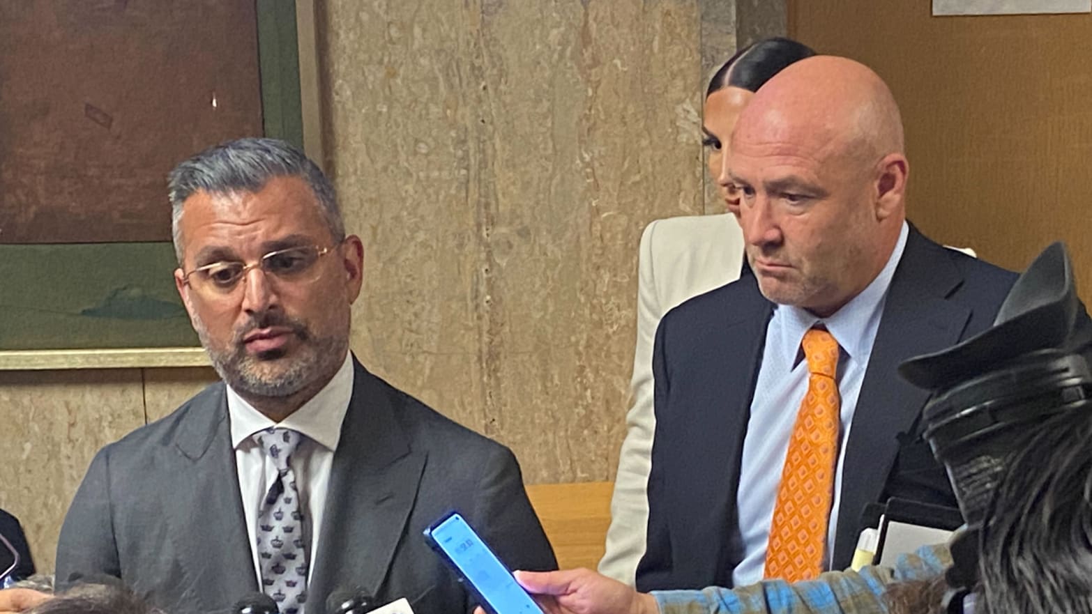 Attorney Saam Zangeneh (left) and Bradford Cohen (right) speak about their client Nima Momeni, who has been charged with homicide in the brutal stabbing death of Cashapp Founder Bob Lee.