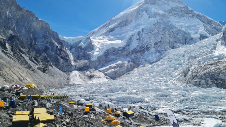 Tents of mountaineers are pictured at Everest base camp in the Mount Everest region of Solukhumbu district on April 18, 2024.