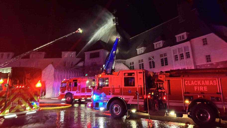 Fire crews respond to the fire at the Timberline Lodge in Oregon.