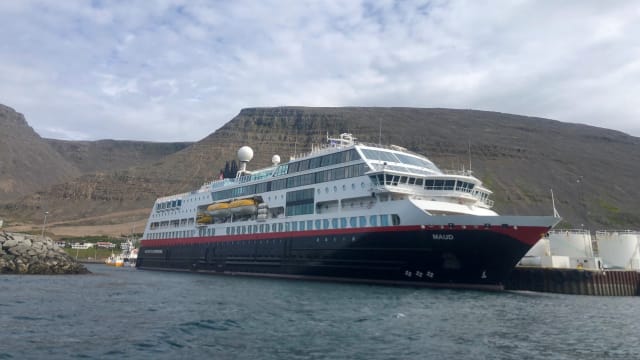 The MS Maud floating in port in Iceland.