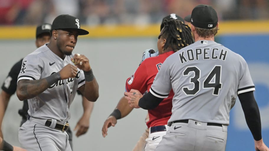 Chicago White Sox shortstop Tim Anderson raises his fists to fight Cleveland Guardians third baseman Jose Ramirez during the sixth inning at Progressive Field.