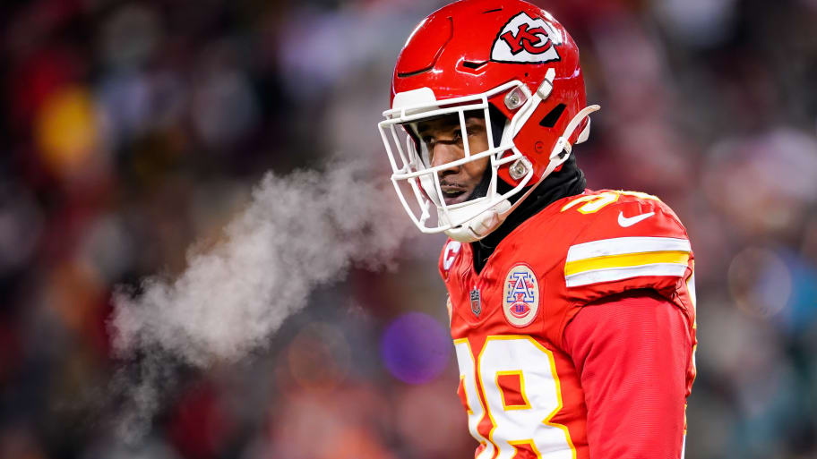 Kansas City Chiefs cornerback L'Jarius Sneed (38) reacts after a play during the first half of a 2024 AFC wild card game against the Miami Dolphins at Arrowhead Stadium. 