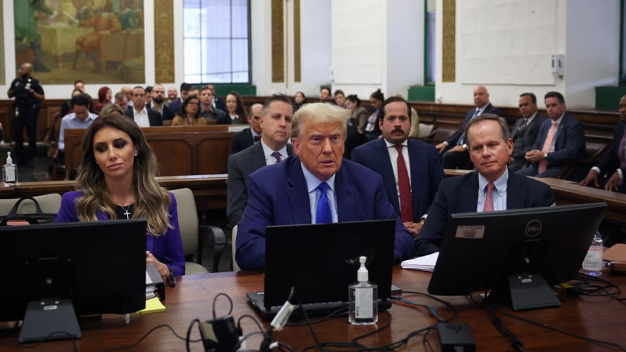 Former President Donald Trump sits in court with his attorneys Alina Habba and Christopher Kise