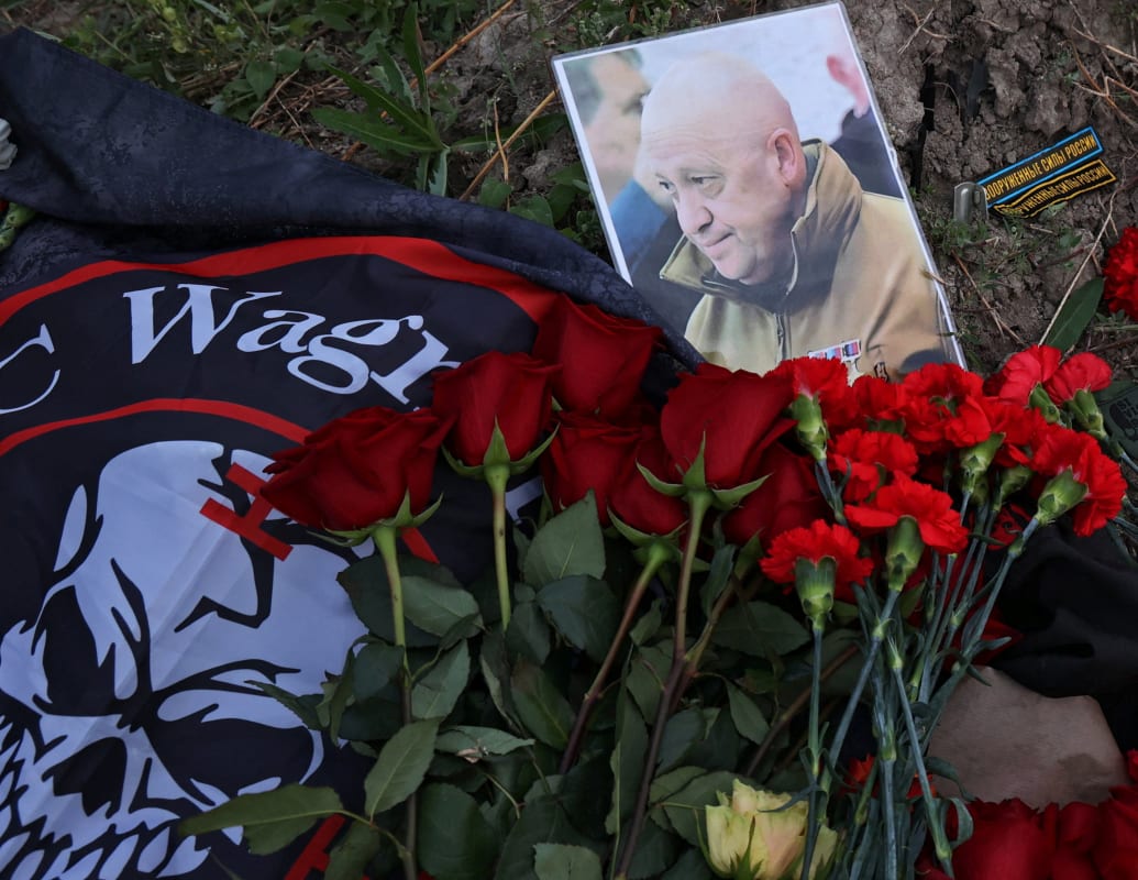 A portrait of Wagner mercenary chief Yevgeny Prigozhin at a makeshift memorial in St. Petersburg, Russia.