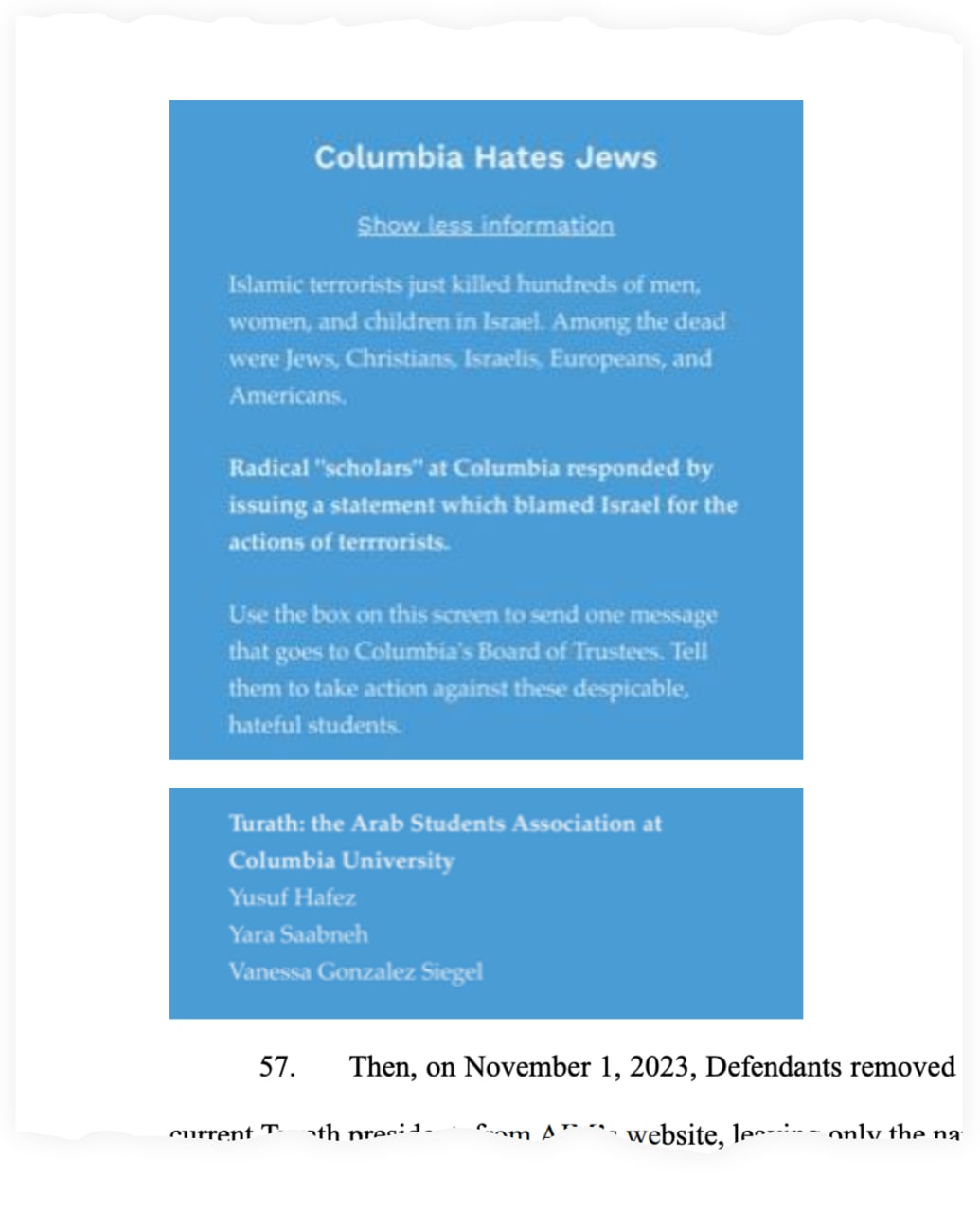 A snippet from Yusuf Hafez’s lawsuit, which shows a screenshot of AIM’s website and the accompanying headline, “Columbia Hates Jews.”