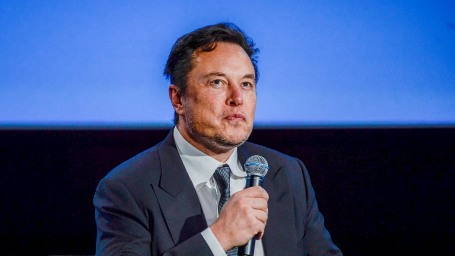 Elon Musk speaks on stage holding a microphone.
