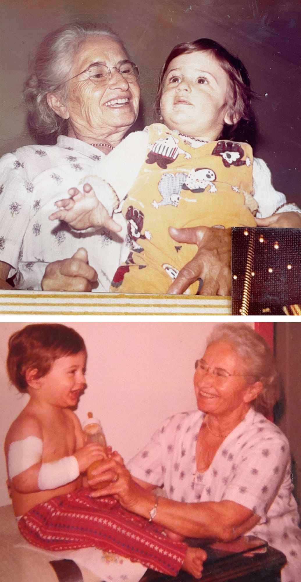 Two images of a young Dan Janjigian with his grandmother, Nevart Karagozian