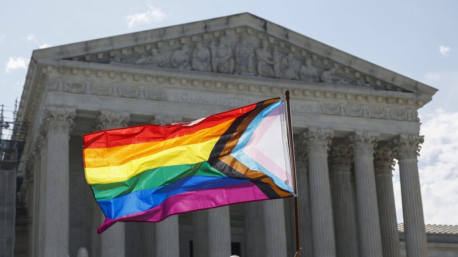 The LGBTQ flag seen in front of the Supreme Court, which will soon decide on 303 Creative v. Elenis